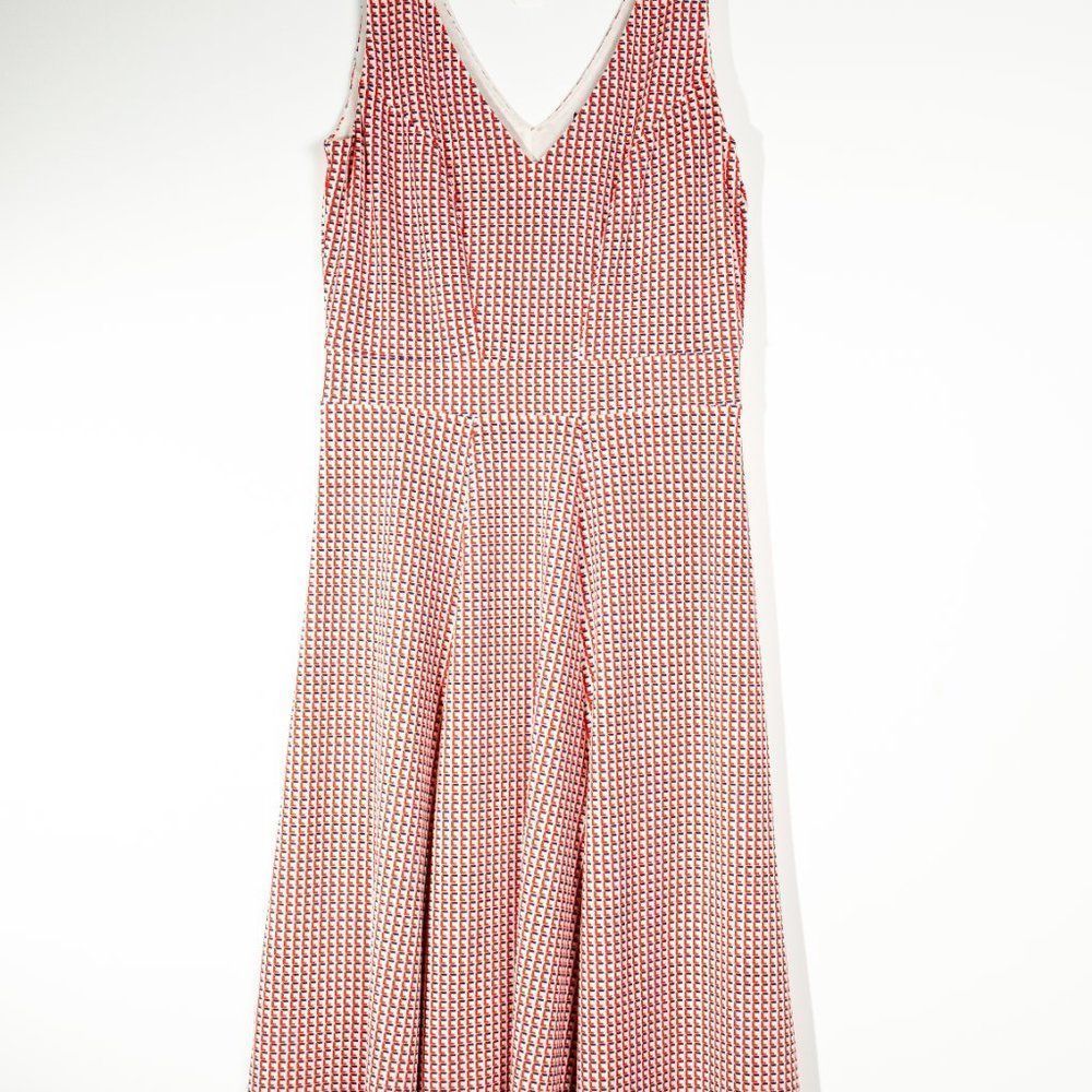 Ann Taylor red & white pattern midi pleated A-line V- neck dress size 0